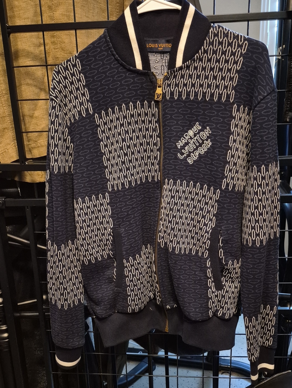 Louis Vuitton Navy and White Patterned Zip Bomber Jacket